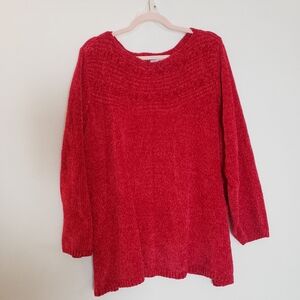 Cable Knit Sweater Chenille Long Sleeve Boat Neck Classic Red Cozy Soft Pullover